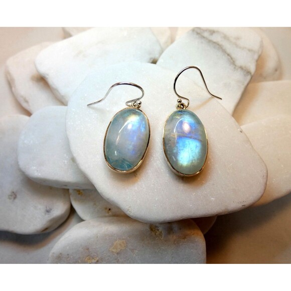Natural Green Rainbow Moonstone Sterling Silver Earrings Handmade Healing - Picture 3 of 5